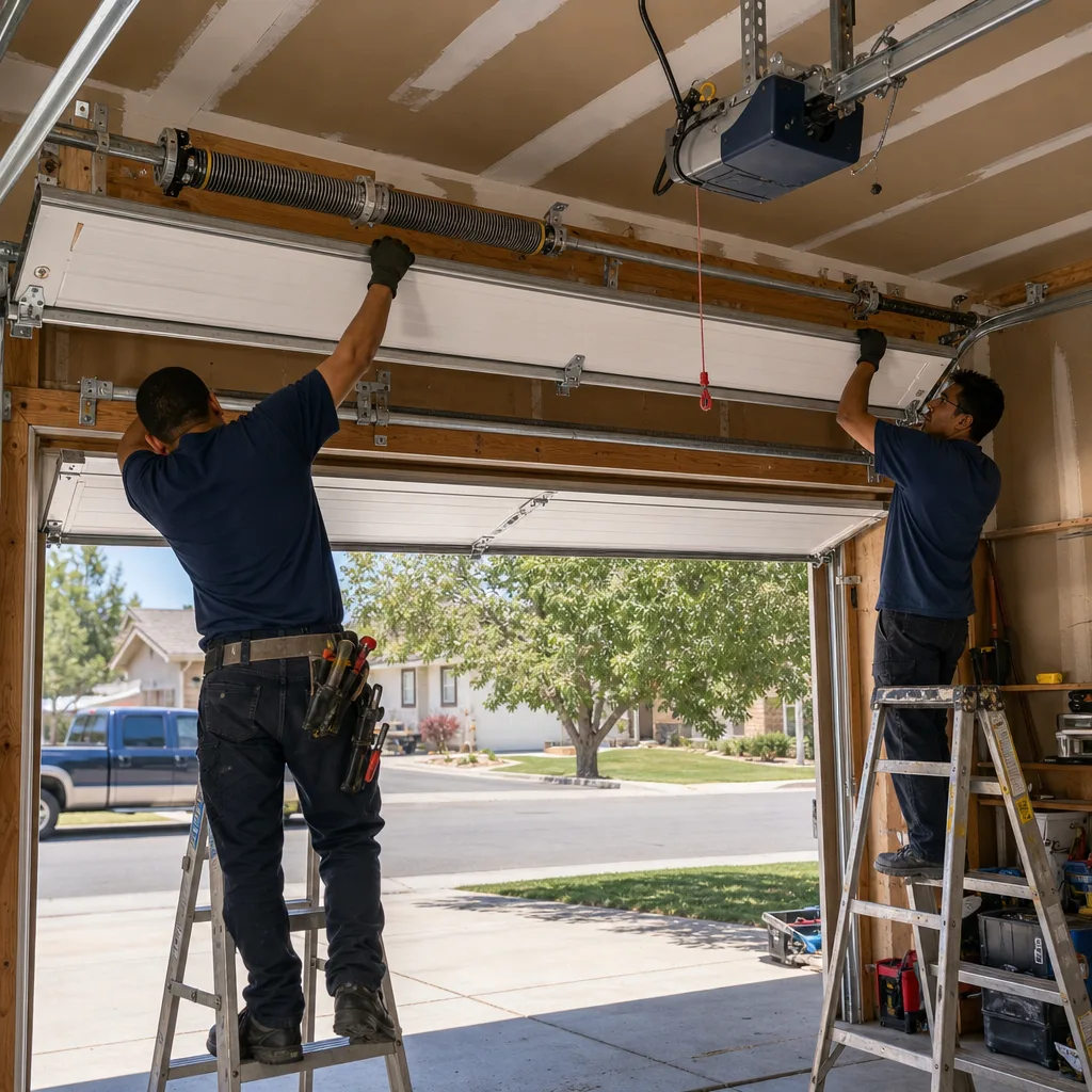 Two professional technicians performing a garage door installation on residential property.