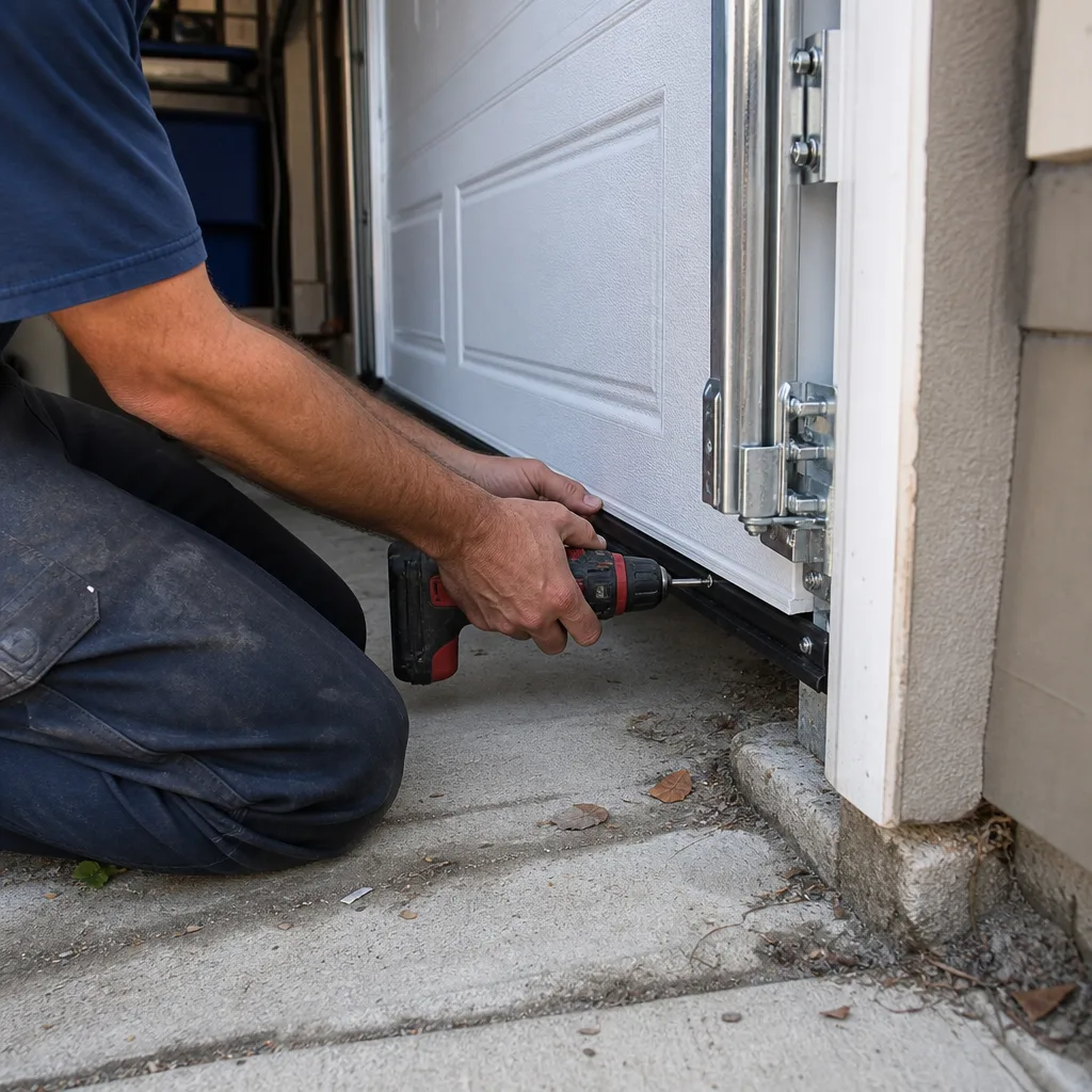 Technician using a power drill to install a garage door bottom seal