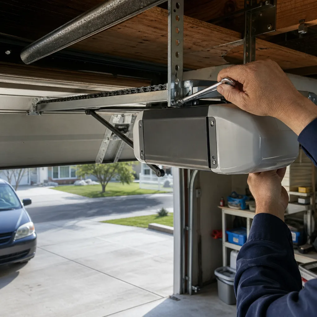 Technician performing garage door opener repair and installation