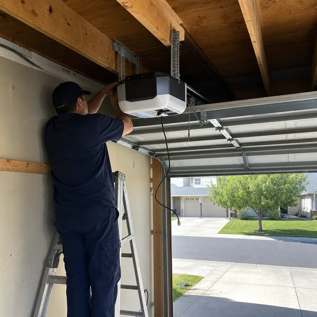 Technician installing a garage door opener on a ceiling track