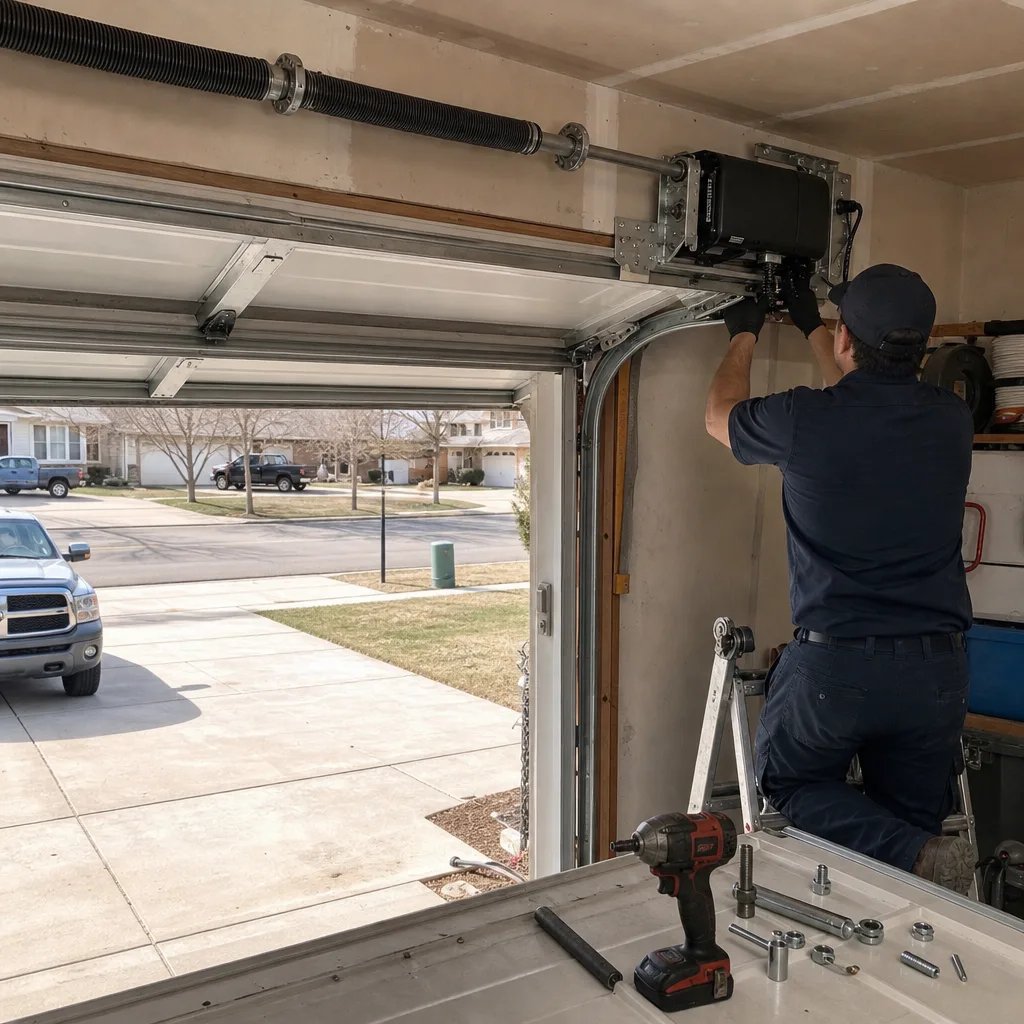 Technician performing professional garage door opener installation and repair service.