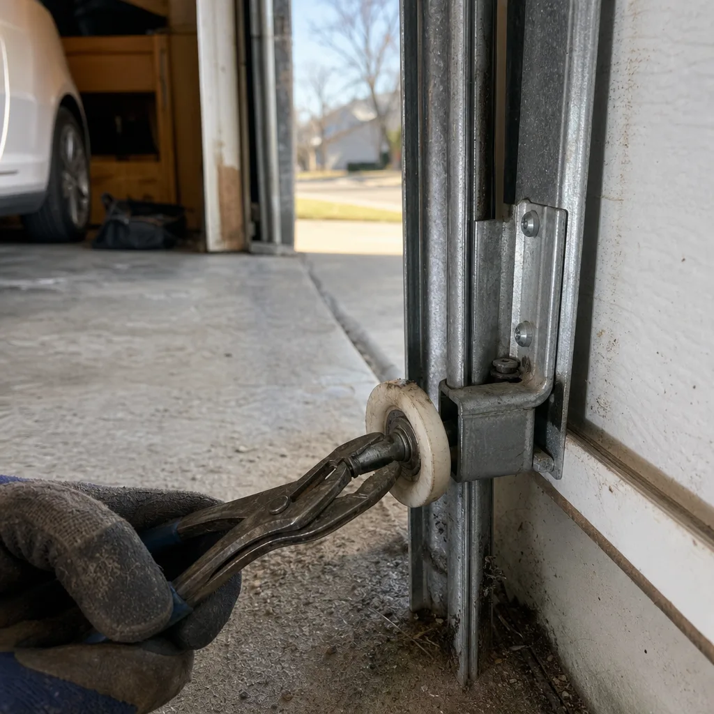 Technician using pliers to perform professional garage door roller repair.