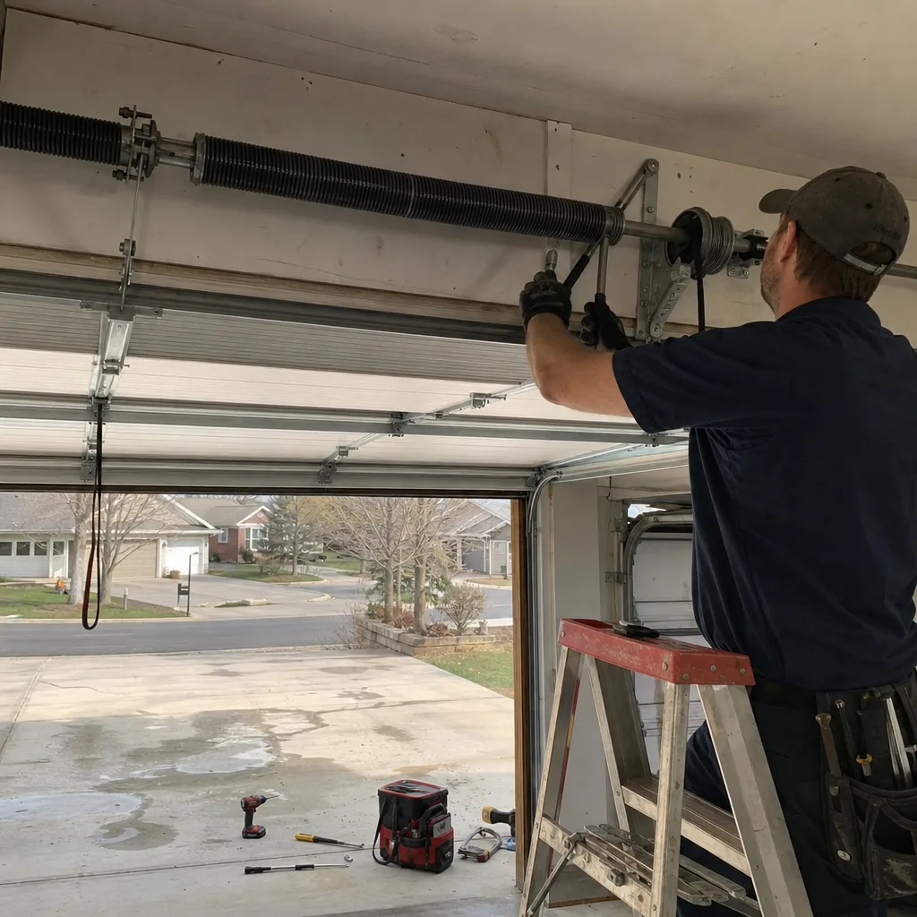 Technician performing professional garage door spring repair service